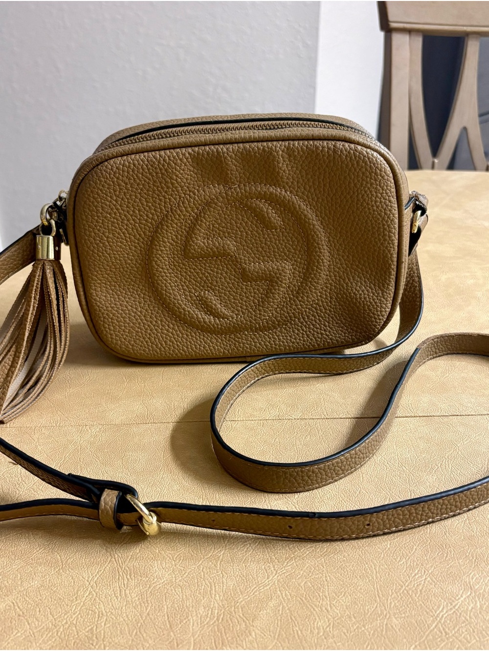 Gucci Soho Pebbled Leather Crossbody Bag in Brown with Gold Hardware